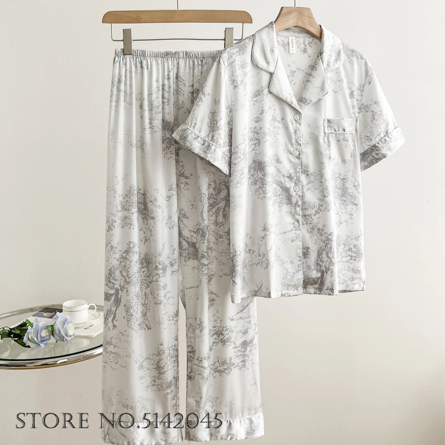 Women Floral Print Satin Pajama Set with Loose Top and Trousers