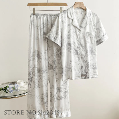 Women Floral Print Satin Pajama Set with Loose Top and Trousers