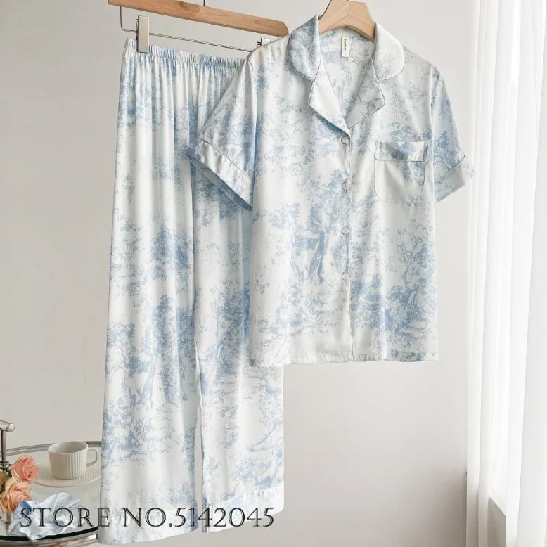 Women Floral Print Satin Pajama Set with Loose Top and Trousers
