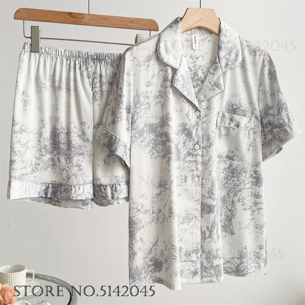 Women Floral Print Satin Pajama Set with Loose Top and Trousers