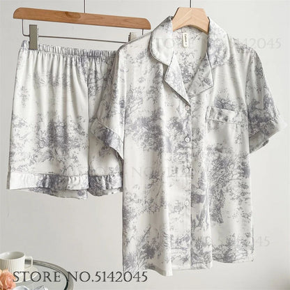 Women Floral Print Satin Pajama Set with Loose Top and Trousers