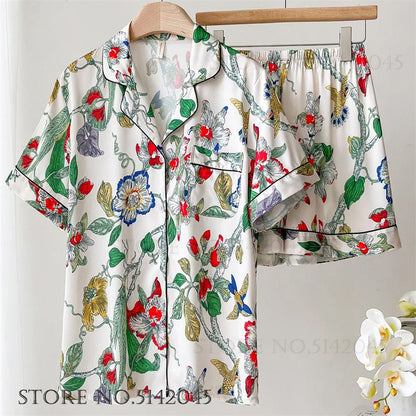 Women Floral Print Satin Pajama Set with Loose Top and Trousers
