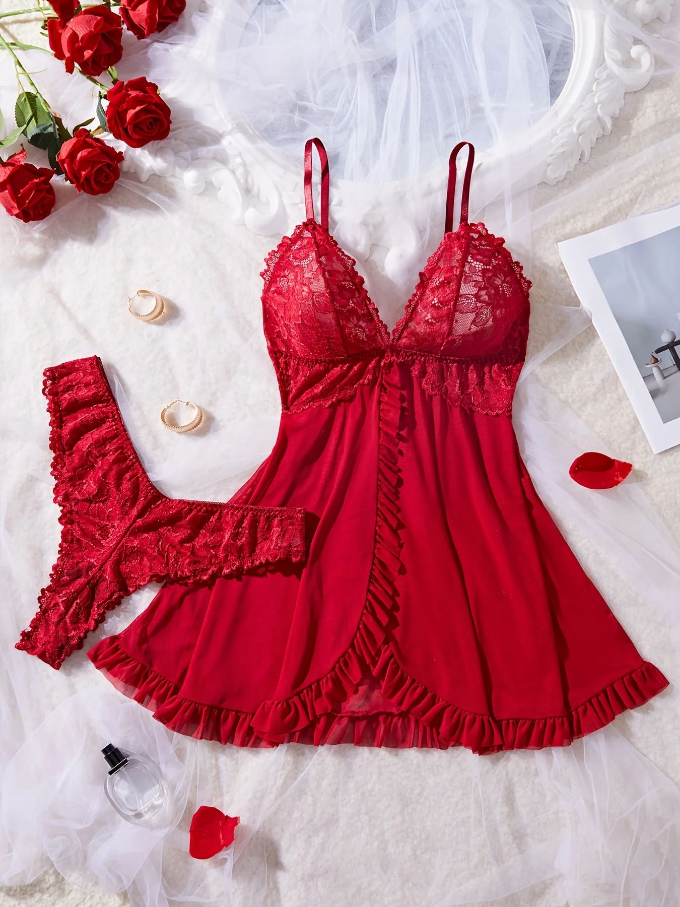 Women Red Lace Nightdress Set with Sheer V Neck Cami and Panties