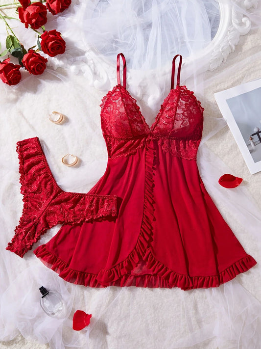 Women Red Lace Nightdress Set with Sheer V Neck Cami and Panties
