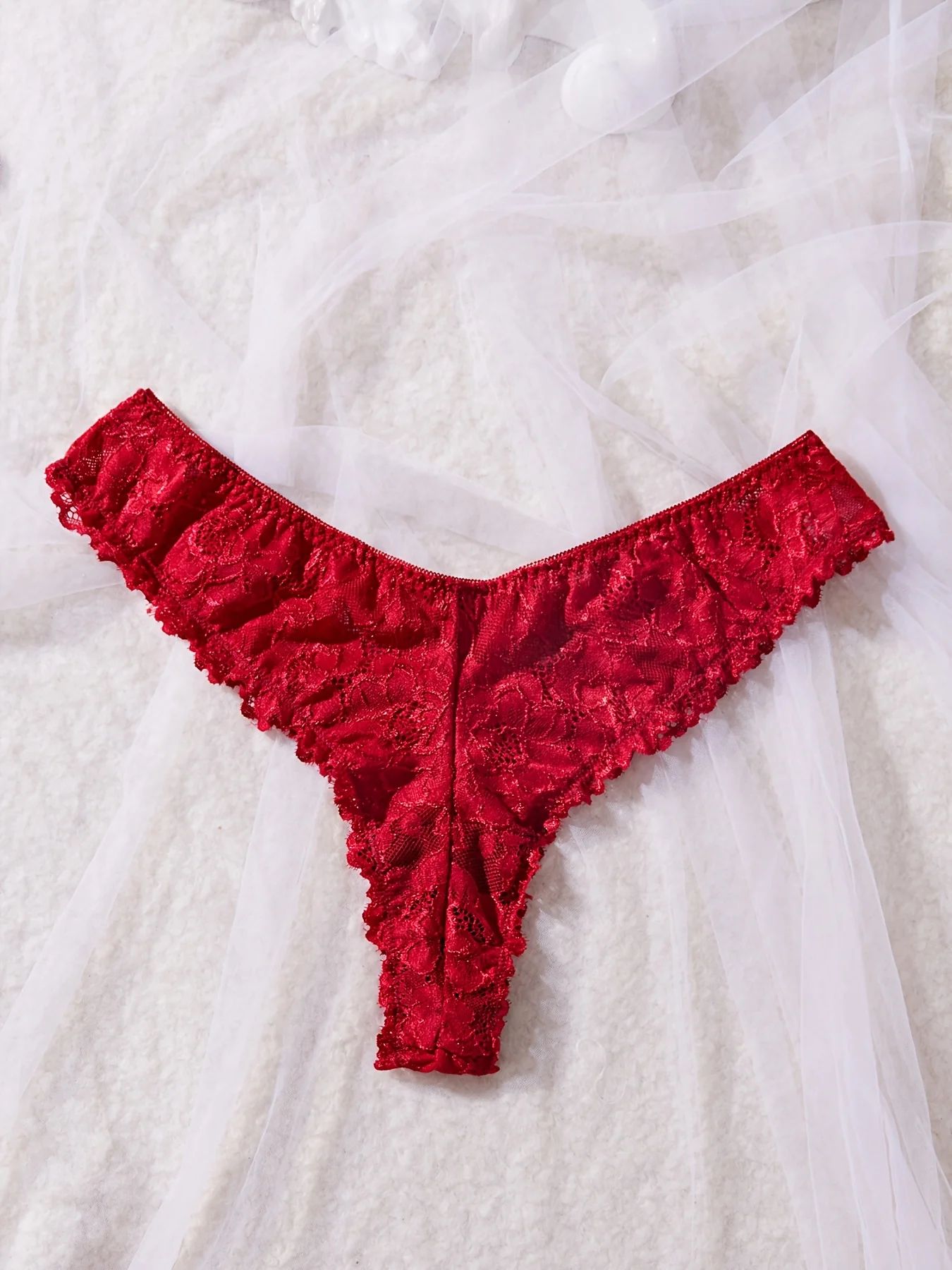 Women Red Lace Nightdress Set with Sheer V Neck Cami and Panties