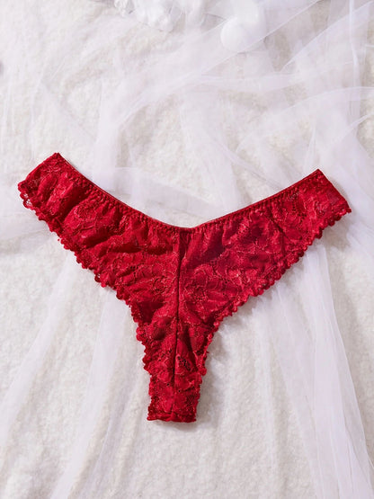 Women Red Lace Nightdress Set with Sheer V Neck Cami and Panties