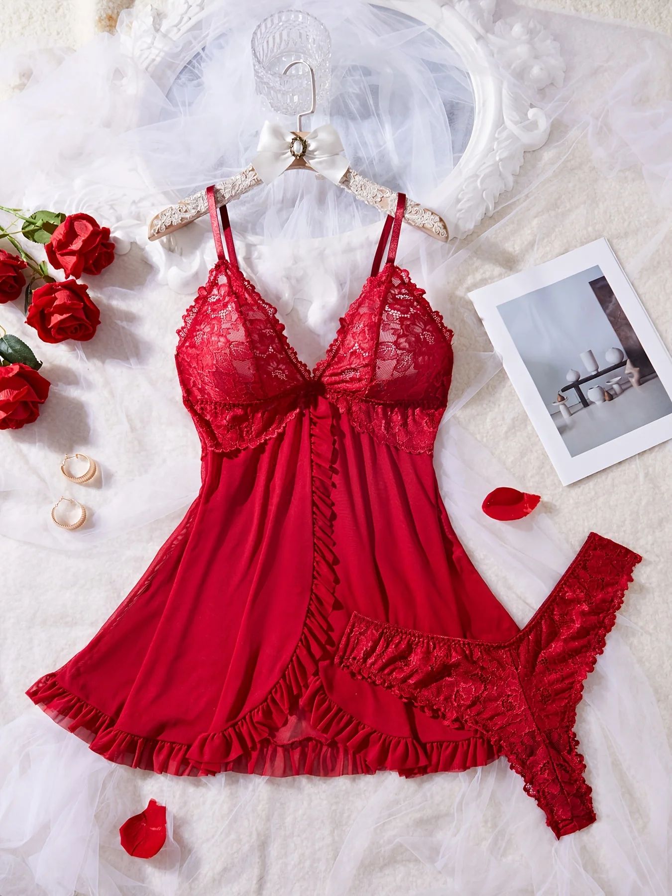 Women Red Lace Nightdress Set with Sheer V Neck Cami and Panties