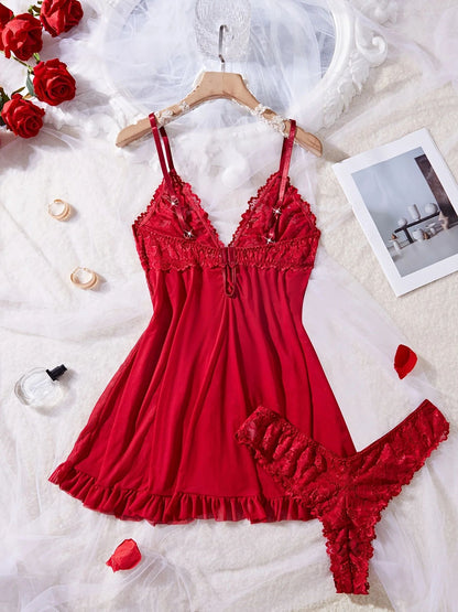 Women Red Lace Nightdress Set with Sheer V Neck Cami and Panties