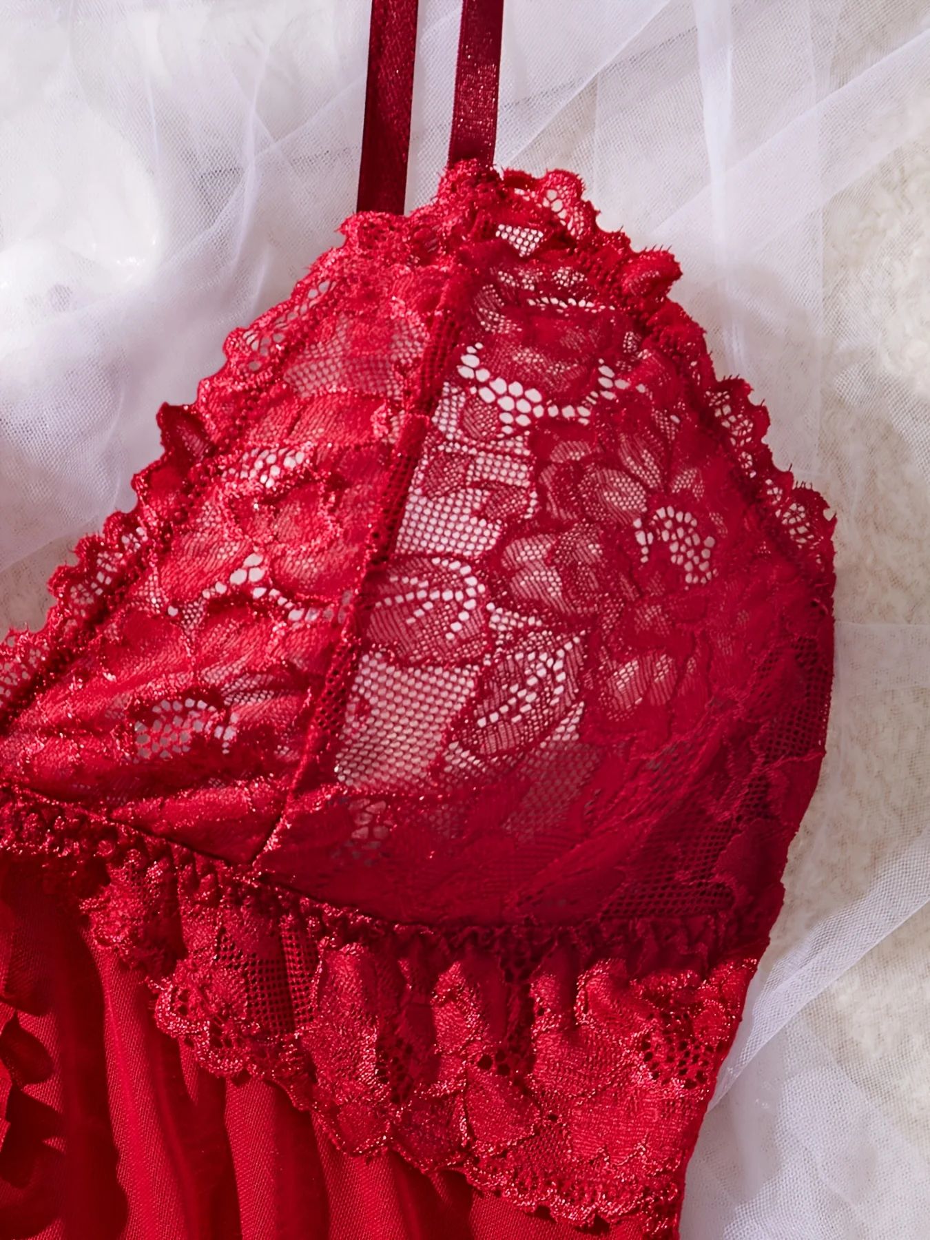 Women Red Lace Nightdress Set with Sheer V Neck Cami and Panties