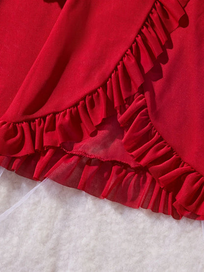 Women Red Lace Nightdress Set with Sheer V Neck Cami and Panties