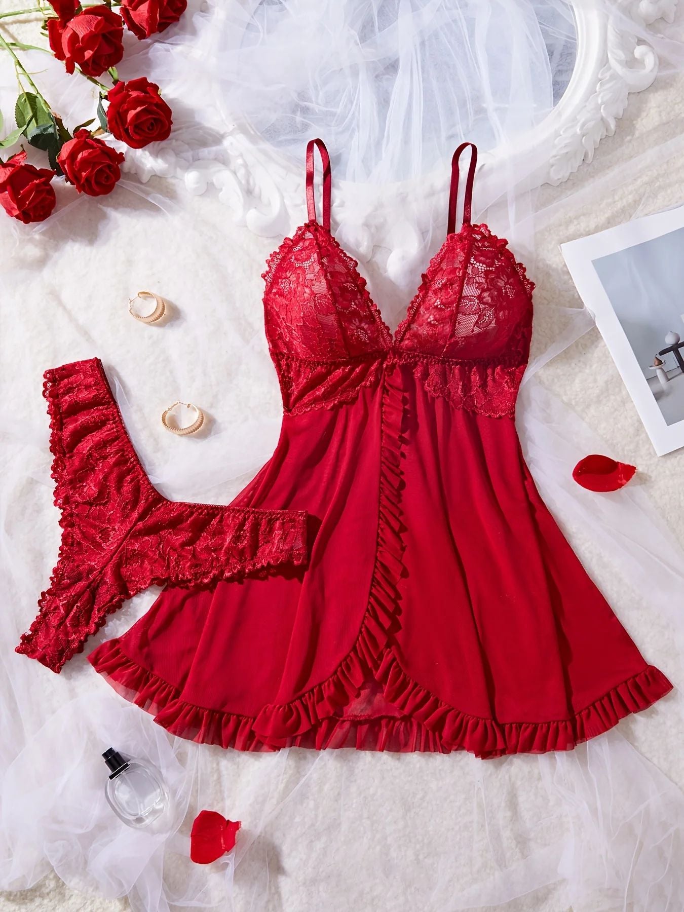 Women Red Lace Nightdress Set with Sheer V Neck Cami and Panties