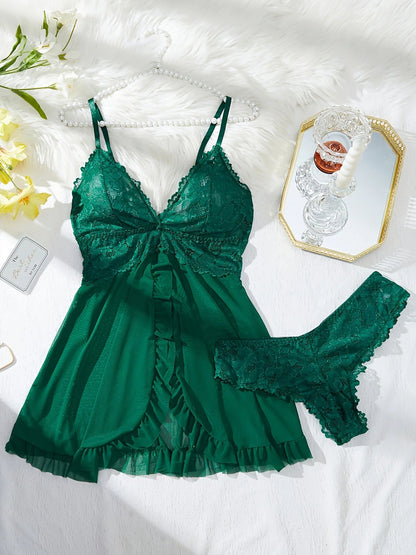 Women Red Lace Nightdress Set with Sheer V Neck Cami and Panties