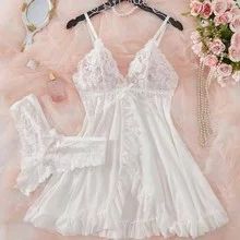 Women Red Lace Nightdress Set with Sheer V Neck Cami and Panties