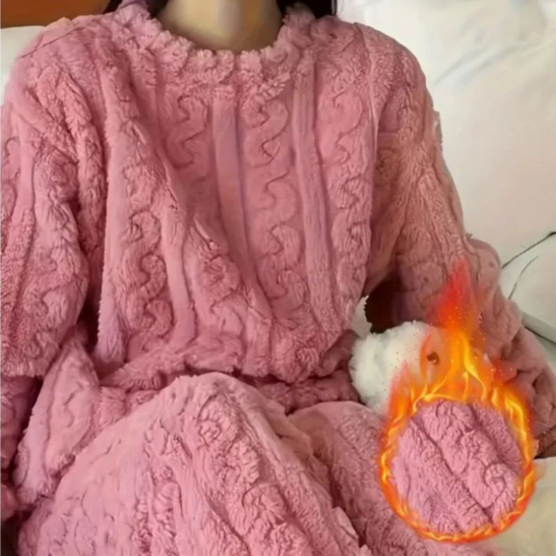 Women Soft Coral Velvet Jacquard Winter Pajama Set