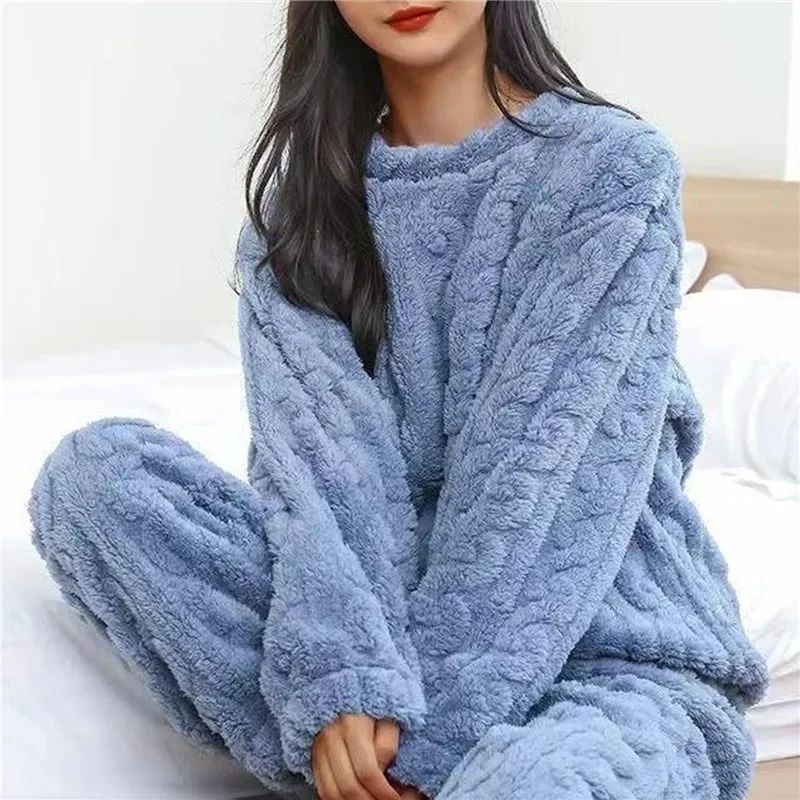 Women Soft Coral Velvet Jacquard Winter Pajama Set