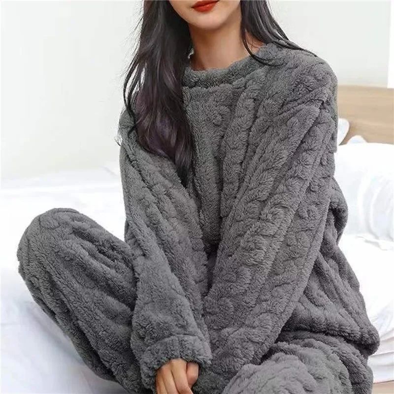 Women Soft Coral Velvet Jacquard Winter Pajama Set