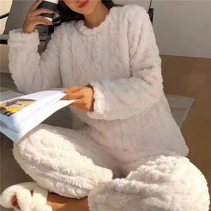 Women Soft Coral Velvet Jacquard Winter Pajama Set