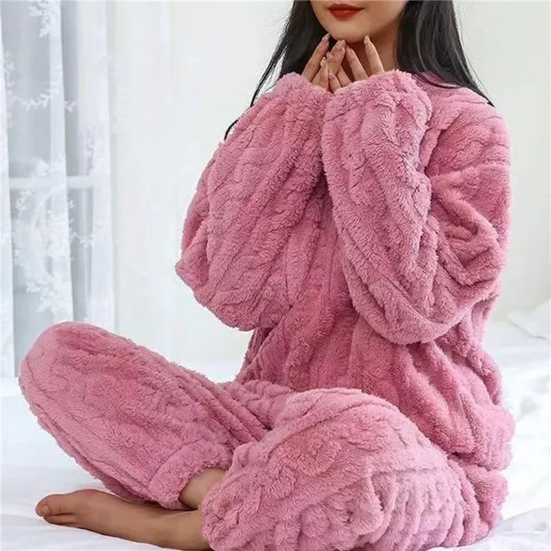 Women Soft Coral Velvet Jacquard Winter Pajama Set