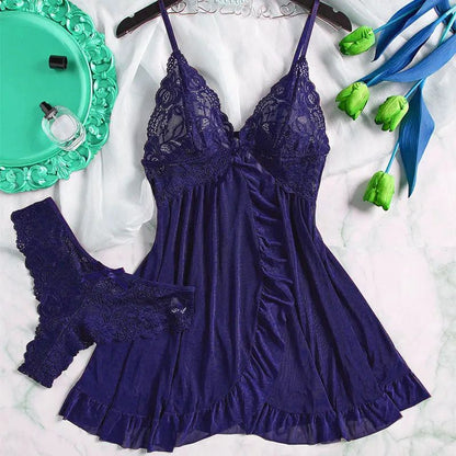 Women Sheer Lace Nightgown Set with Suspender Dress and G String