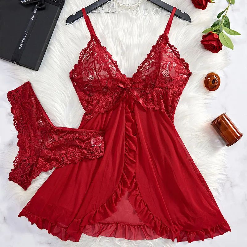 Women Sheer Lace Nightgown Set with Suspender Dress and G String
