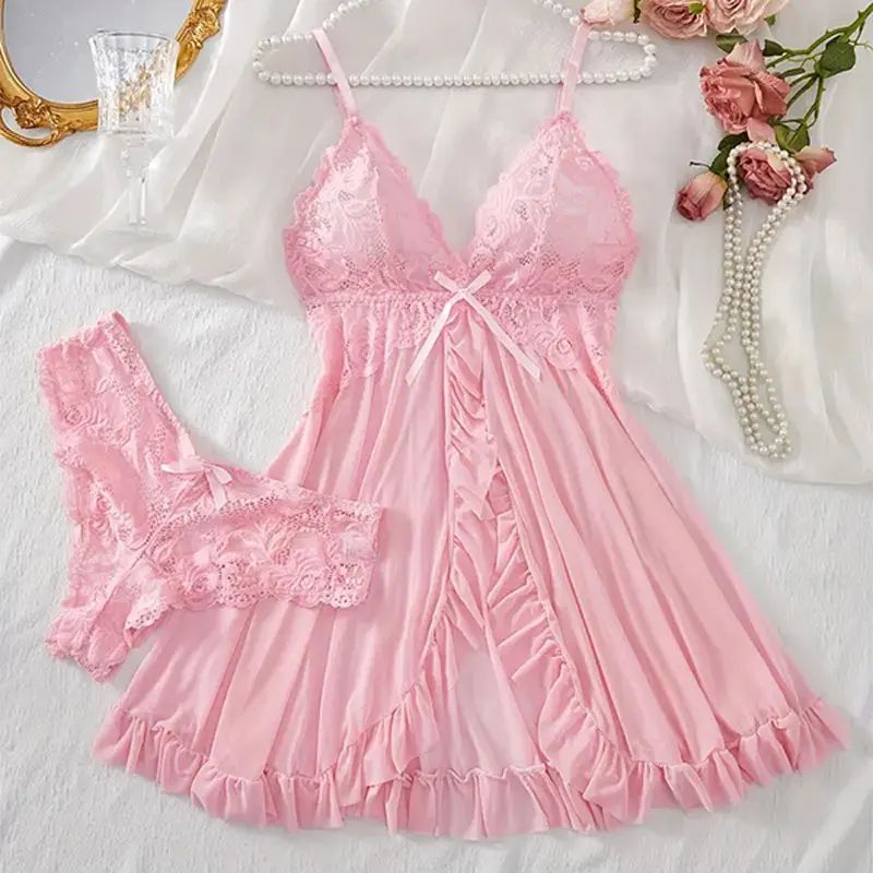 Women Sheer Lace Nightgown Set with Suspender Dress and G String