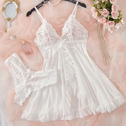 Women Sheer Lace Nightgown Set with Suspender Dress and G String