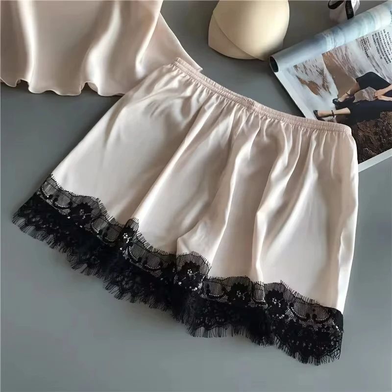 Women V Neck Satin Babydoll Pajama Set with Lace and Shorts