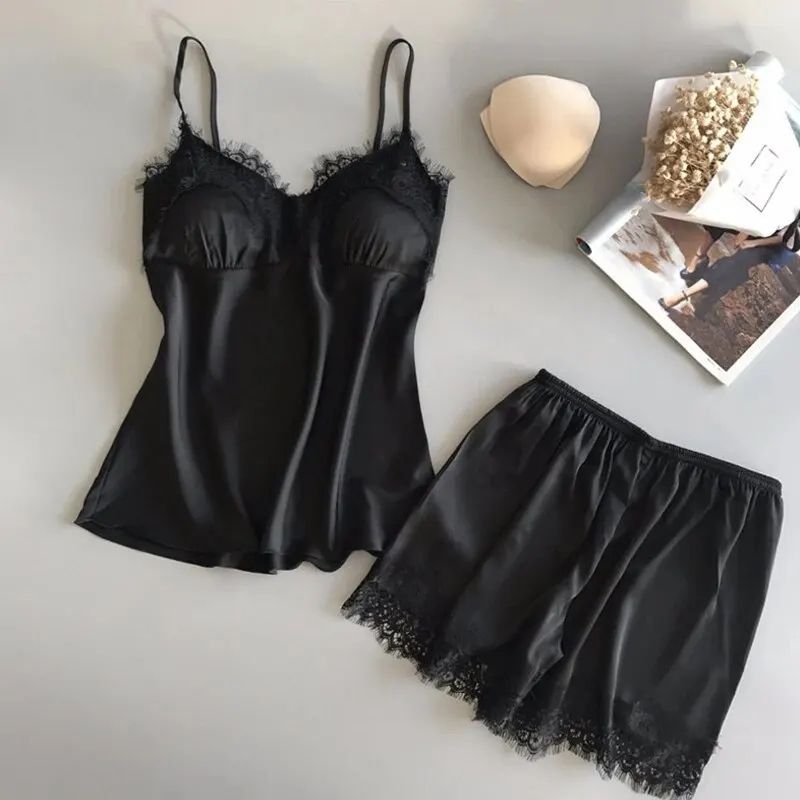 Women V Neck Satin Babydoll Pajama Set with Lace and Shorts