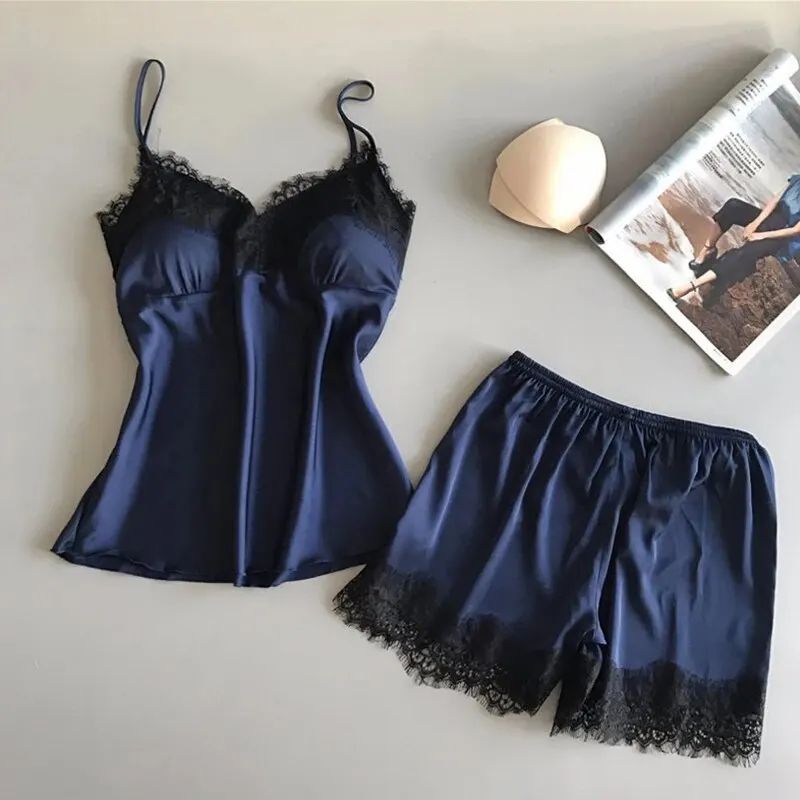 Women V Neck Satin Babydoll Pajama Set with Lace and Shorts