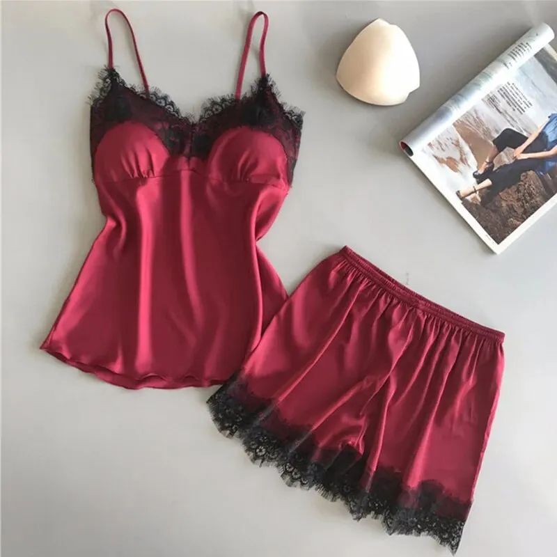 Women V Neck Satin Babydoll Pajama Set with Lace and Shorts