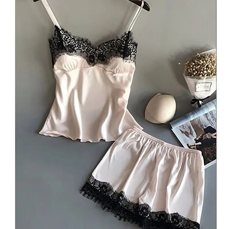 Women V Neck Satin Babydoll Pajama Set with Lace and Shorts