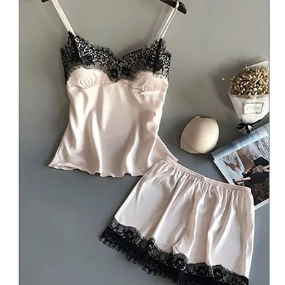 Women V Neck Satin Babydoll Pajama Set with Lace and Shorts