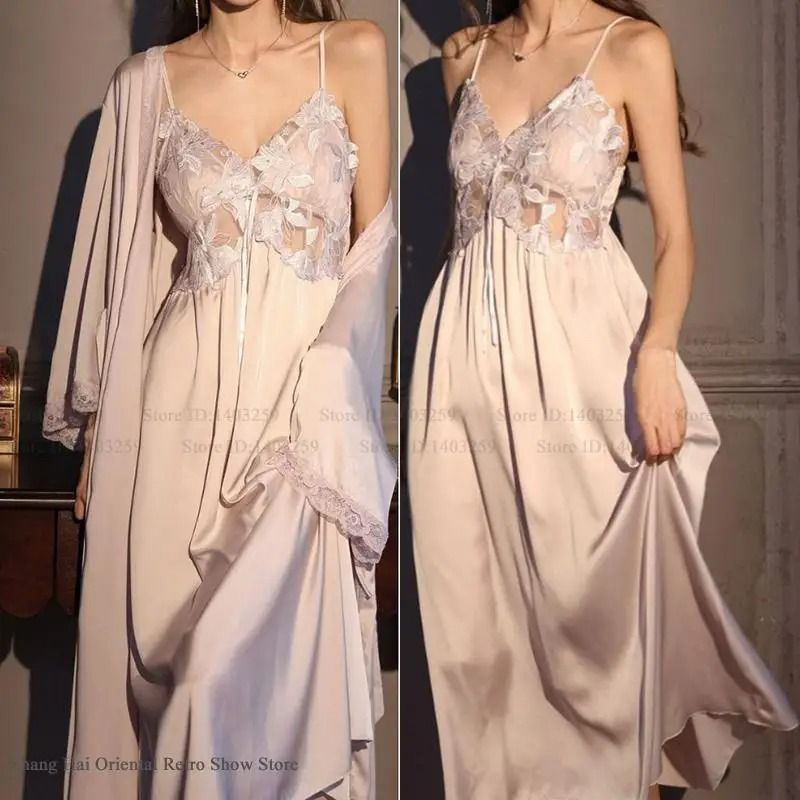 Elegant Female Ice Silk Robe Set – Professional Hollow-Out Lace Nightdress & Silky Loungewear Lingerie