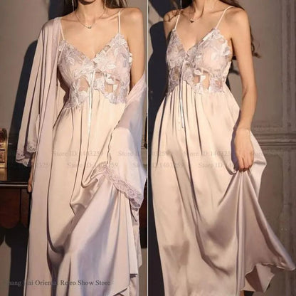 Elegant Female Ice Silk Robe Set – Professional Hollow-Out Lace Nightdress & Silky Loungewear Lingerie