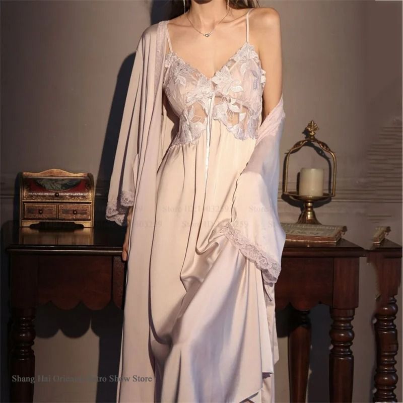 Elegant Female Ice Silk Robe Set – Professional Hollow-Out Lace Nightdress & Silky Loungewear Lingerie