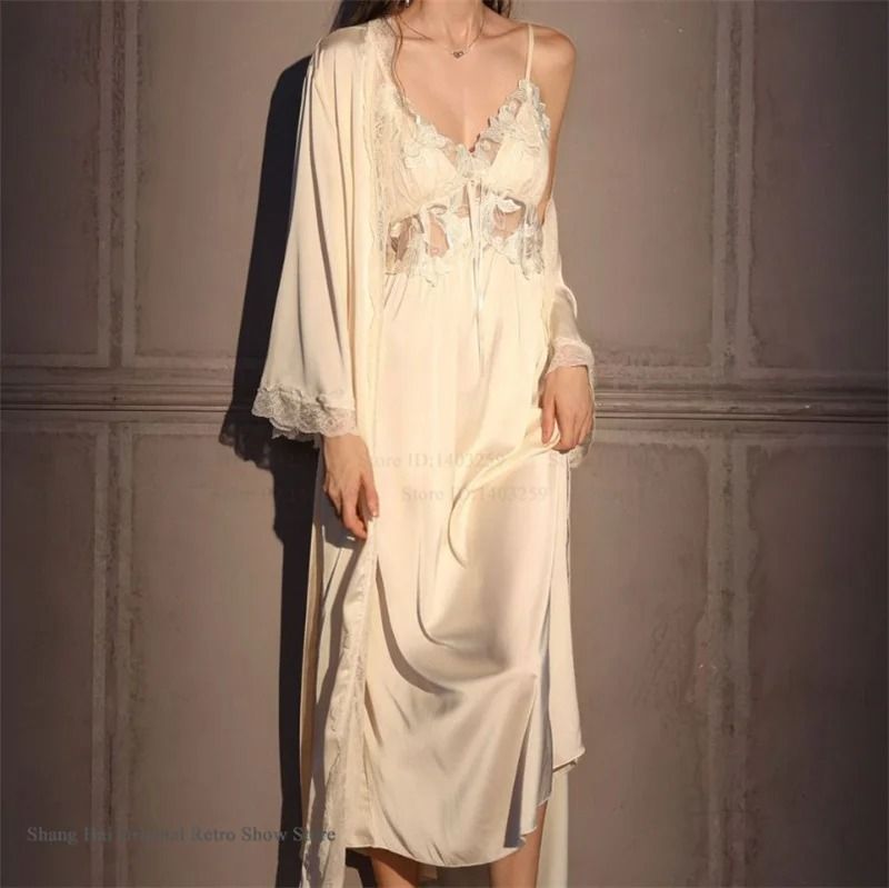 Elegant Female Ice Silk Robe Set – Professional Hollow-Out Lace Nightdress & Silky Loungewear Lingerie