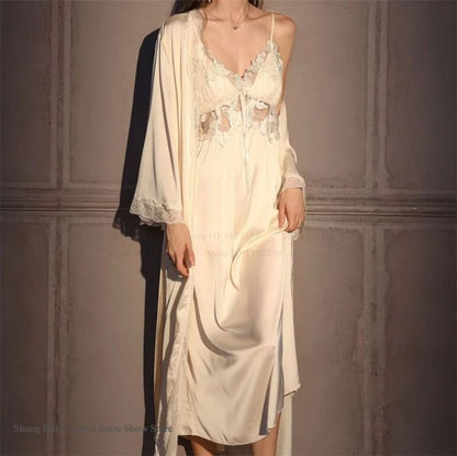 Elegant Female Ice Silk Robe Set – Professional Hollow-Out Lace Nightdress & Silky Loungewear Lingerie