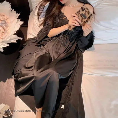 Elegant Female Ice Silk Robe Set – Professional Hollow-Out Lace Nightdress & Silky Loungewear Lingerie