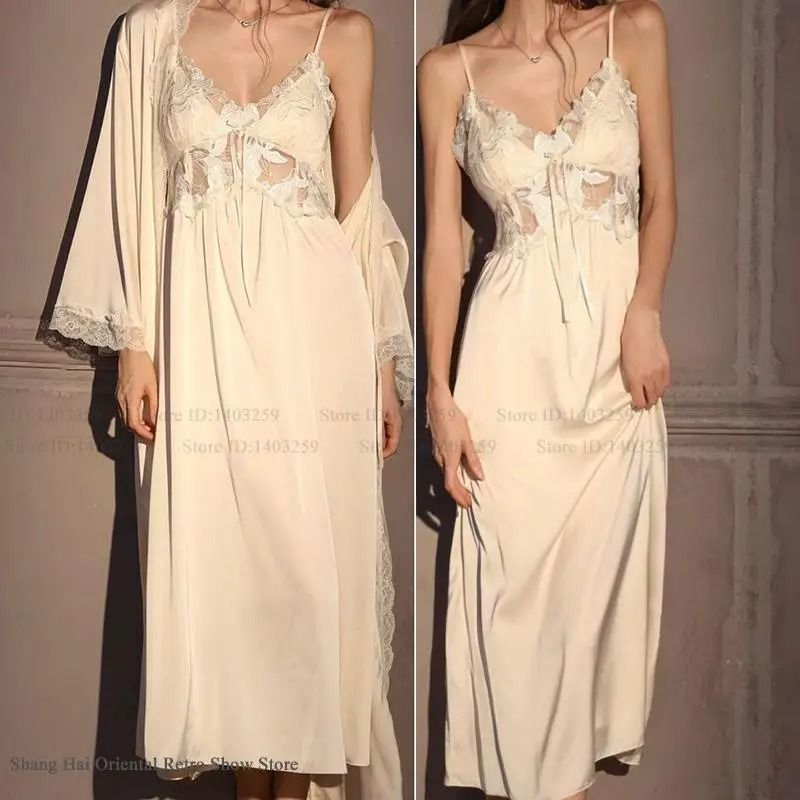 Elegant Female Ice Silk Robe Set – Professional Hollow-Out Lace Nightdress & Silky Loungewear Lingerie
