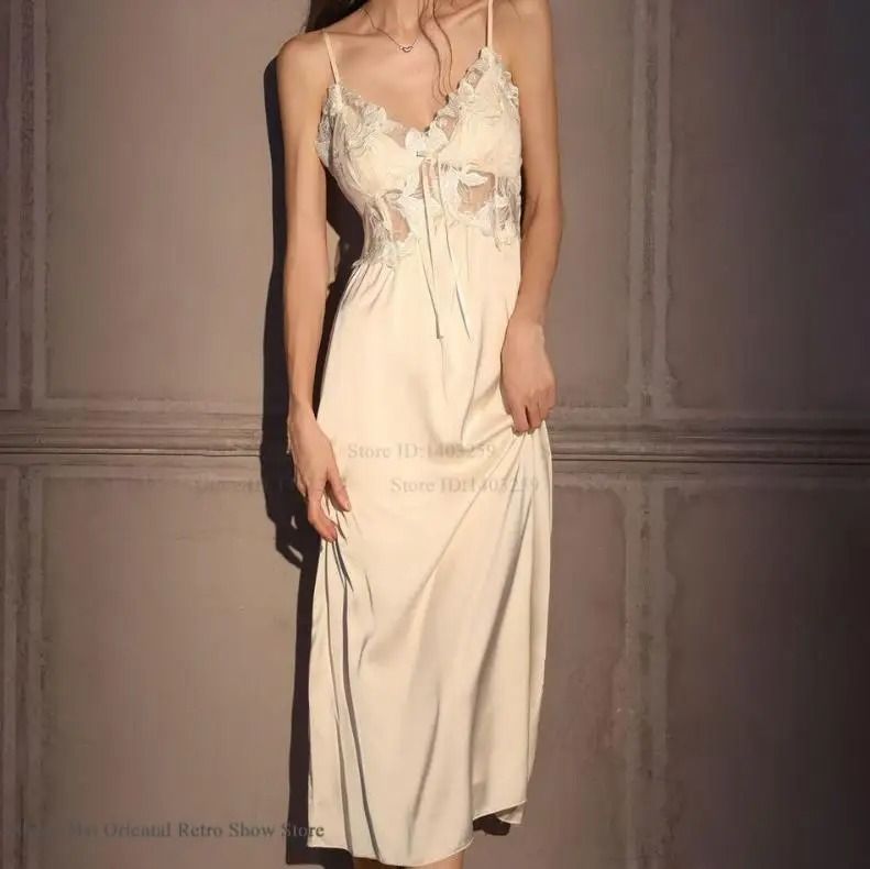 Elegant Female Ice Silk Robe Set – Professional Hollow-Out Lace Nightdress & Silky Loungewear Lingerie