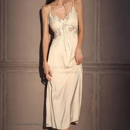Elegant Female Ice Silk Robe Set – Professional Hollow-Out Lace Nightdress & Silky Loungewear Lingerie