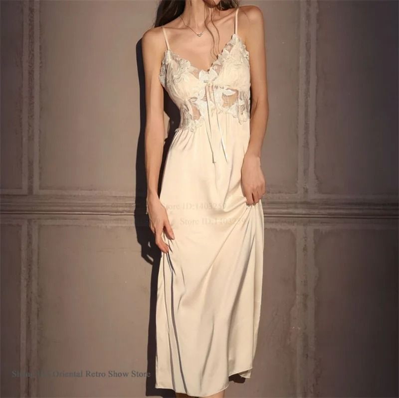 Elegant Female Ice Silk Robe Set – Professional Hollow-Out Lace Nightdress & Silky Loungewear Lingerie