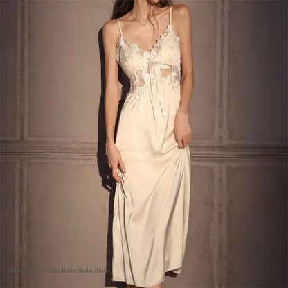 Elegant Female Ice Silk Robe Set – Professional Hollow-Out Lace Nightdress & Silky Loungewear Lingerie