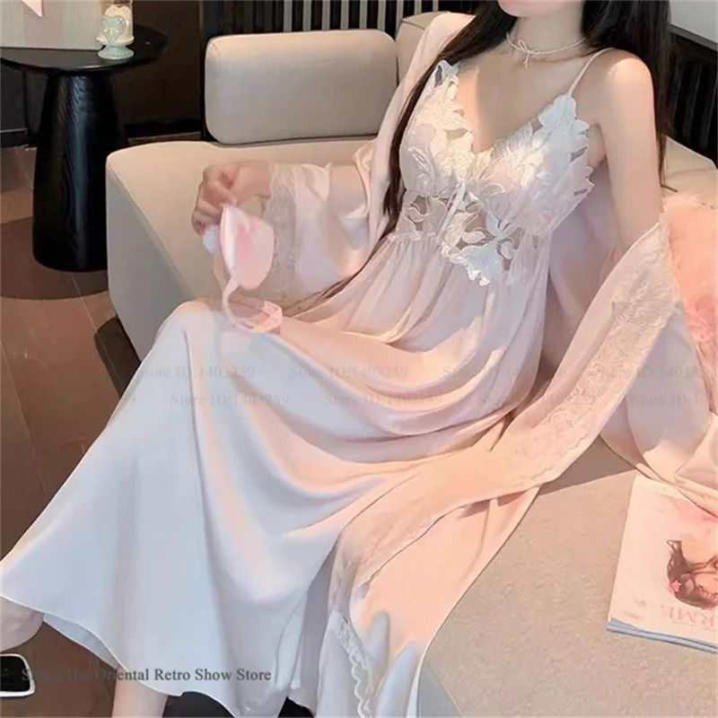Elegant Female Ice Silk Robe Set – Professional Hollow-Out Lace Nightdress & Silky Loungewear Lingerie