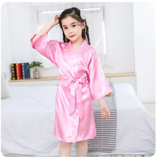 Blush Dreams Girls Satin Kimono Robe – Soft Pink Silk Bathrobe for Weddings & Sleepwear