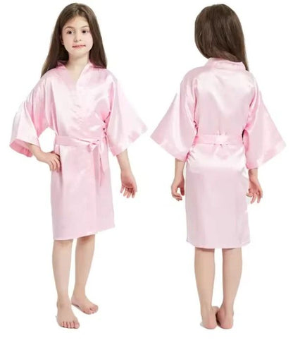 Blush Dreams Girls Satin Kimono Robe – Soft Pink Silk Bathrobe for Weddings & Sleepwear