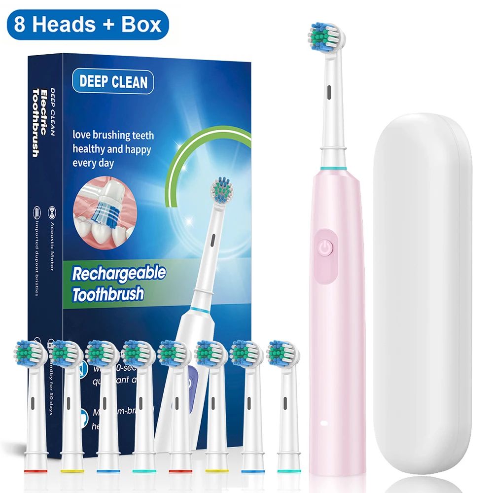 Rechargeable Rotary Electric Toothbrush for Adults – 8 Soft Brush Heads Included
