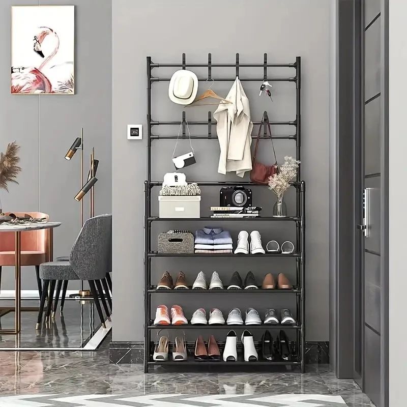Entryway Coat Rack Hall Tree with Shoe Storage - Iron Shoe & Jacket Organizer