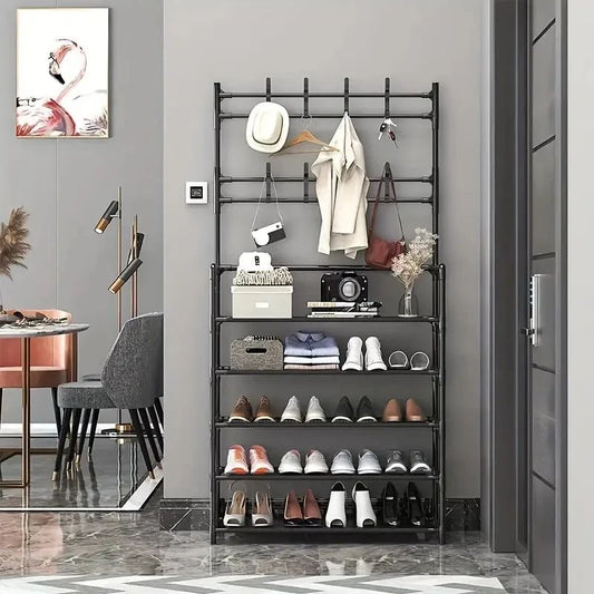 Entryway Coat Rack Hall Tree with Shoe Storage - Iron Shoe & Jacket Organizer