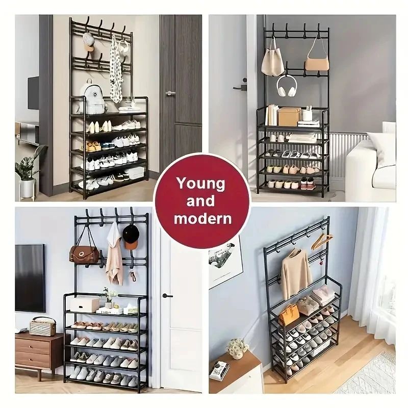 Entryway Coat Rack Hall Tree with Shoe Storage - Iron Shoe & Jacket Organizer